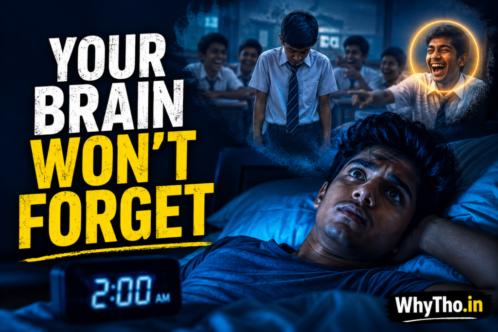 A young Indian man lies awake at 2 AM under blue cinematic lighting while reliving an embarrassing classroom memory, with laughing classmates blurred in the background and the text “YOUR BRAIN WON’T FORGET” alongside WhyTho.in branding.