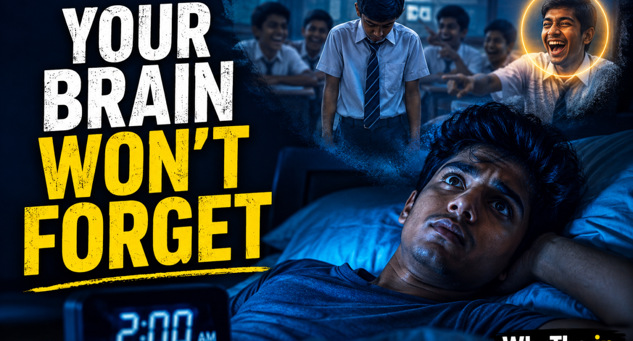 A young Indian man lies awake at 2 AM under blue cinematic lighting while reliving an embarrassing classroom memory, with laughing classmates blurred in the background and the text “YOUR BRAIN WON’T FORGET” alongside WhyTho.in branding.