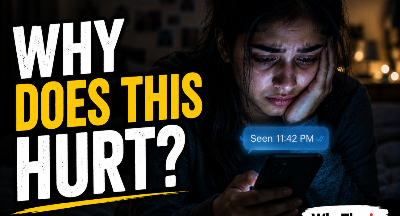 A young Indian woman sits alone in a dark room, staring emotionally at her phone screen showing a “Seen 11:42 PM” message, illuminated only by blue notification light beside the bold text “WHY DOES THIS HURT?” with WhyTho.in branding.