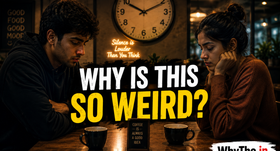 A young Indian man and woman sit silently across from each other in a dimly lit café while avoiding eye contact, with a large clock behind them and bold text reading “WHY IS THIS SO WEIRD?” alongside WhyTho.in branding.