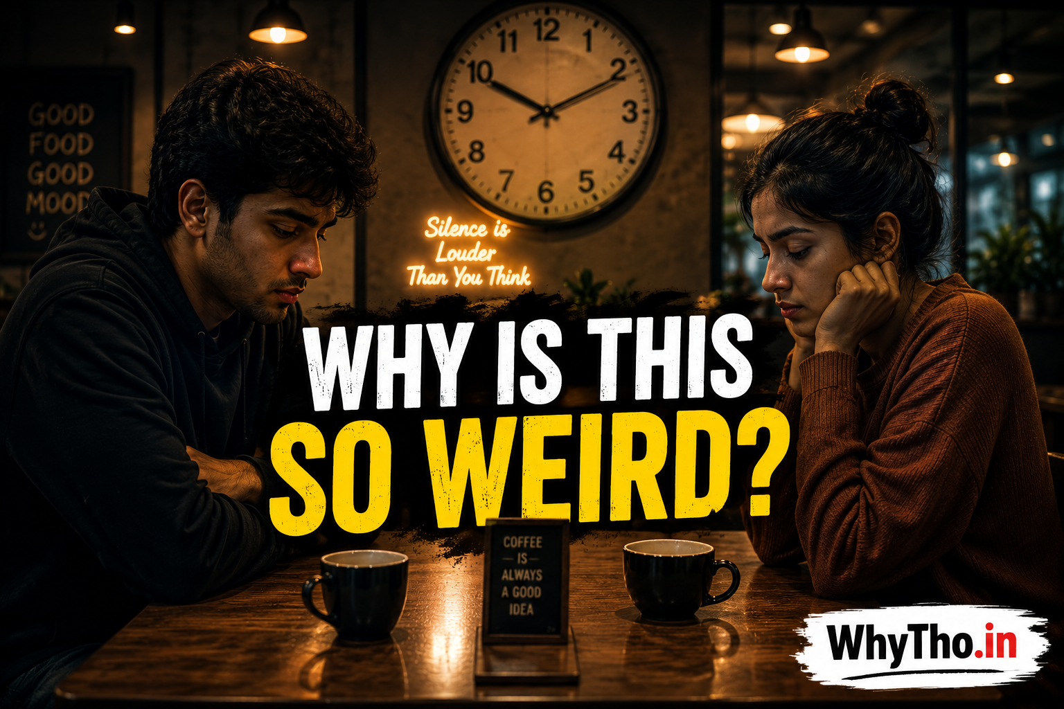 A young Indian man and woman sit silently across from each other in a dimly lit café while avoiding eye contact, with a large clock behind them and bold text reading “WHY IS THIS SO WEIRD?” alongside WhyTho.in branding.